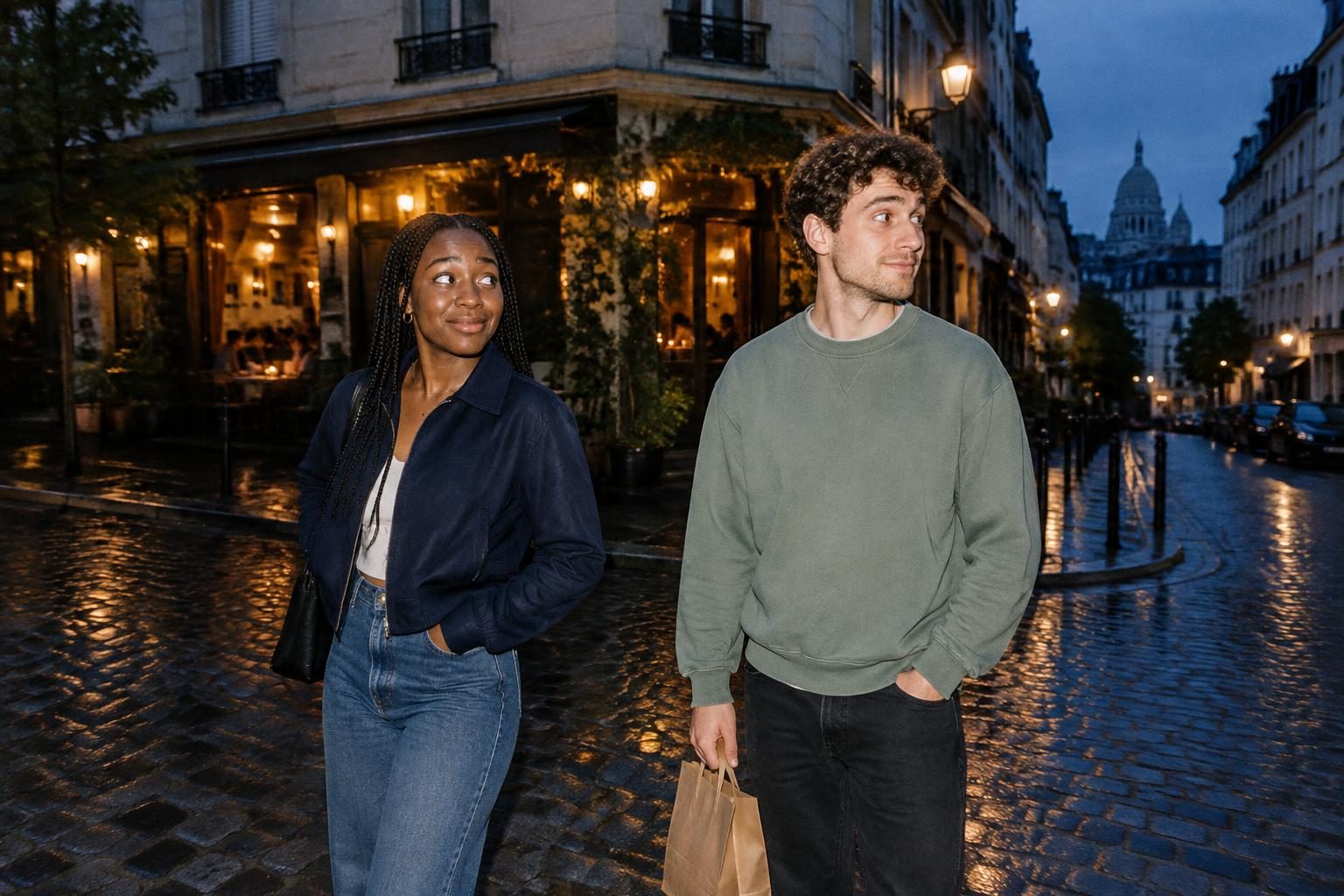 Two friends look in different directions on a rain-dark restaurant street after dinner.