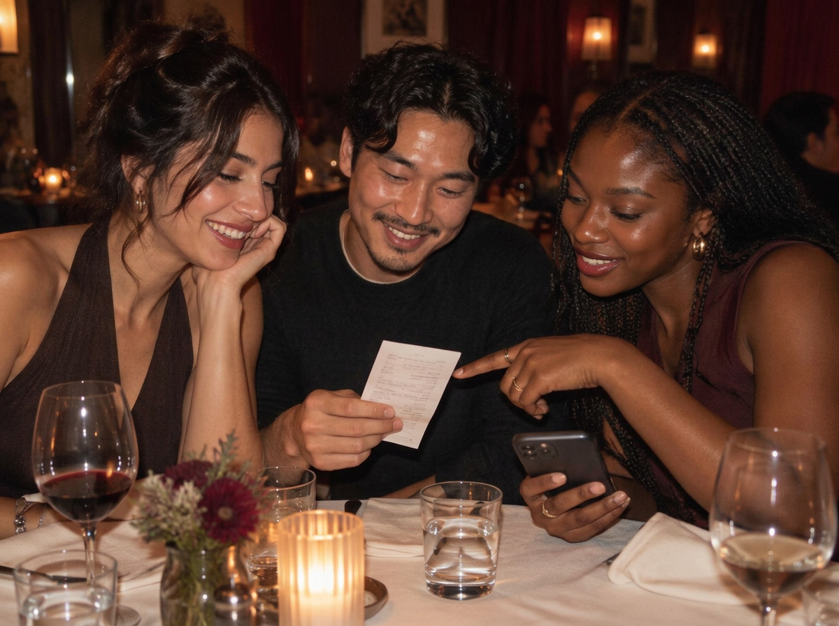 Friends checking a restaurant receipt and phone together after dinner