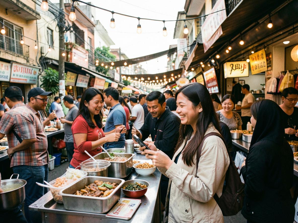 A woman at a bustling street food counter abroad, phone in hand