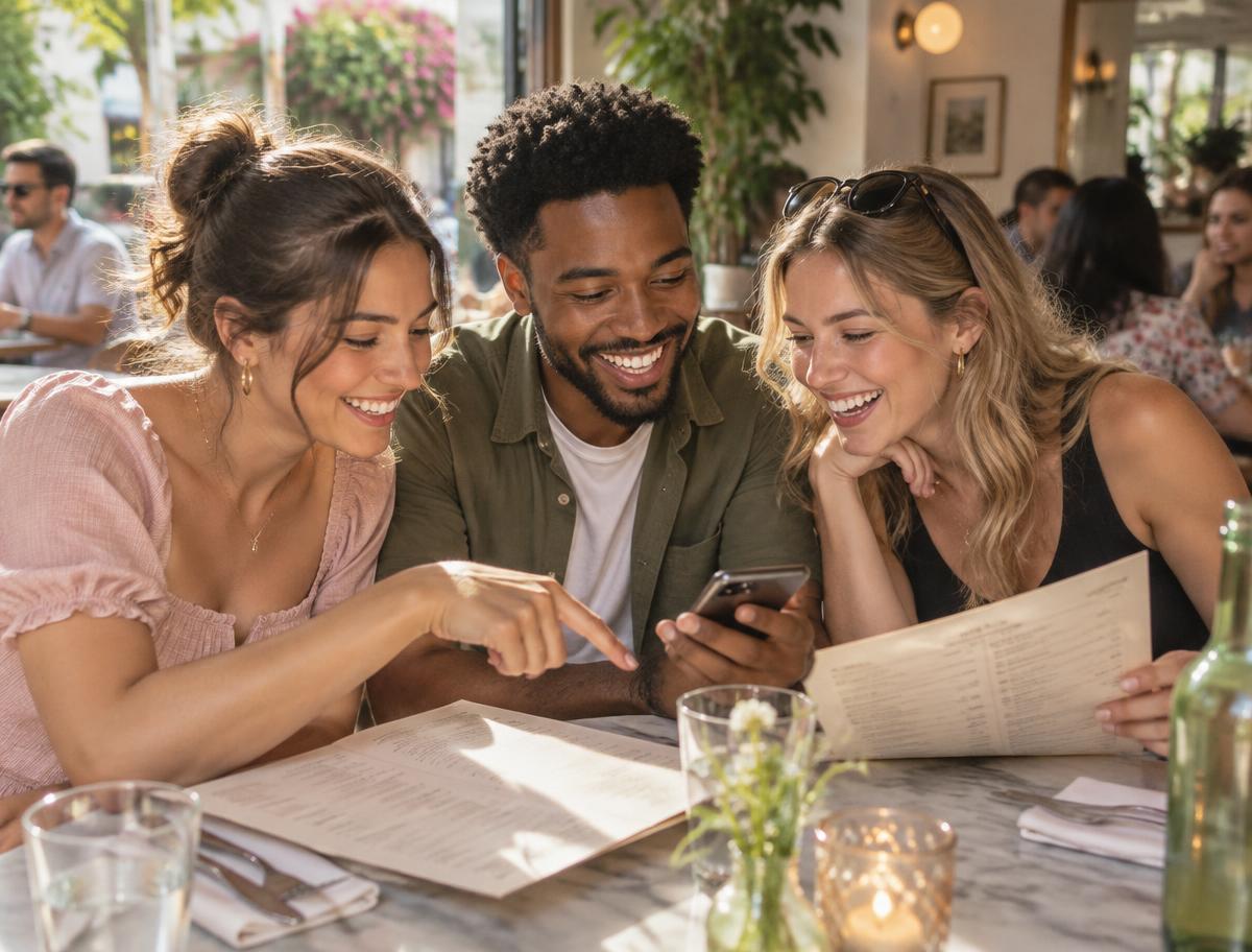 Three friends choosing what to order together at brunch