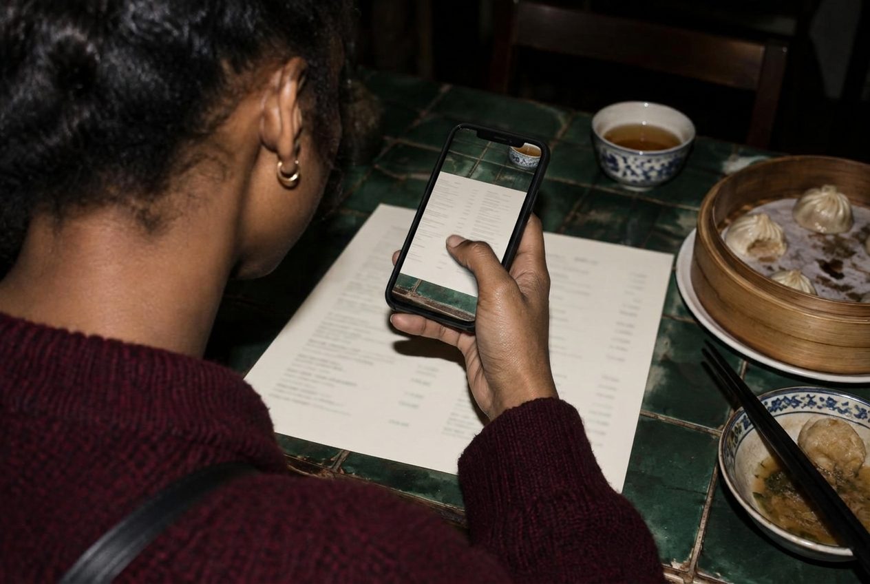 A diner scans a clean paper menu with her phone beside tea and dumplings.