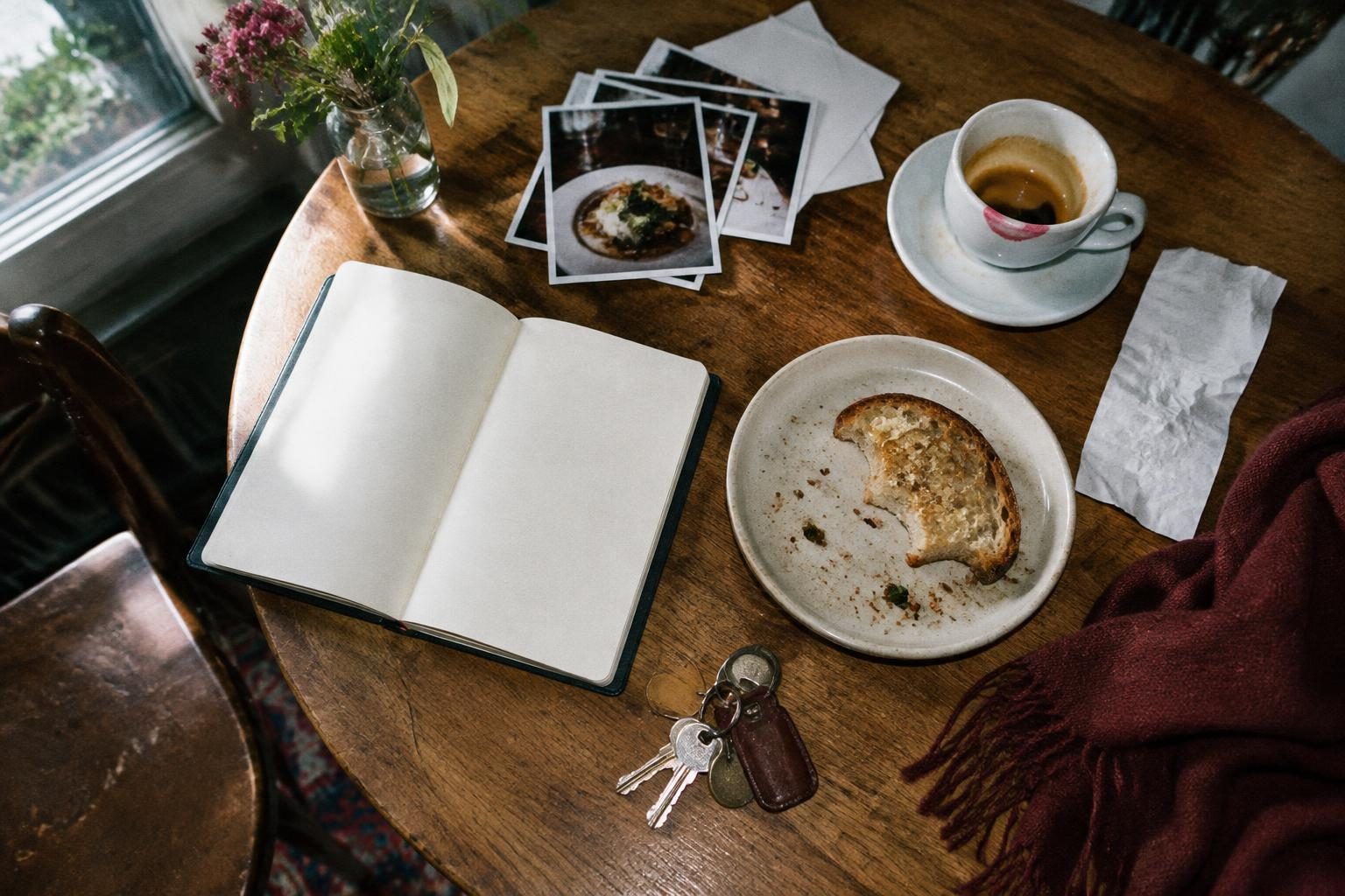 An open notebook, meal photographs and coffee on a kitchen table the morning after dinner.
