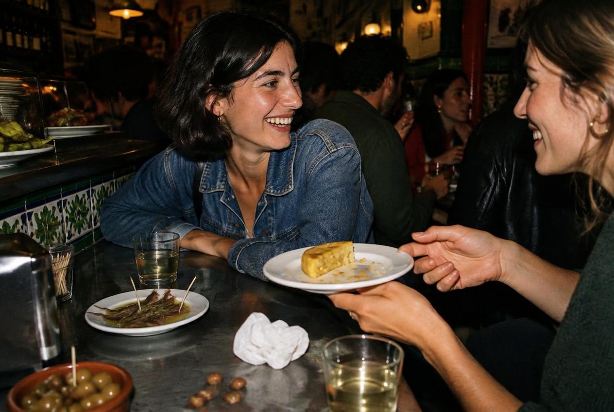 Friends share tortilla and anchovies at a tiled Spanish tapas bar.