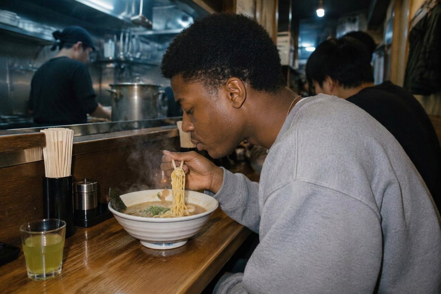 A traveller looks down at the ramen he has just lifted from the bowl at a small wooden counter in Tokyo.