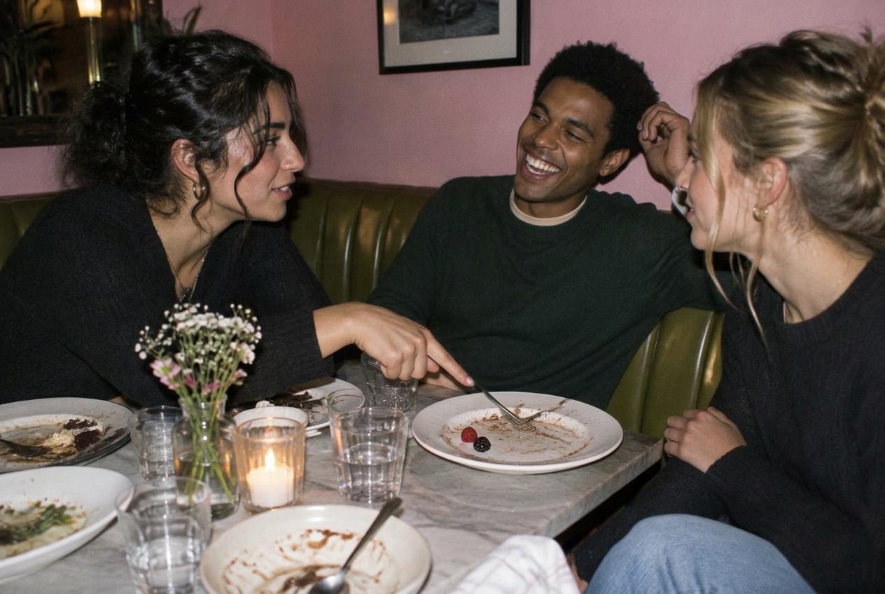 Three friends laugh and talk over nearly empty dessert plates in a restaurant booth.