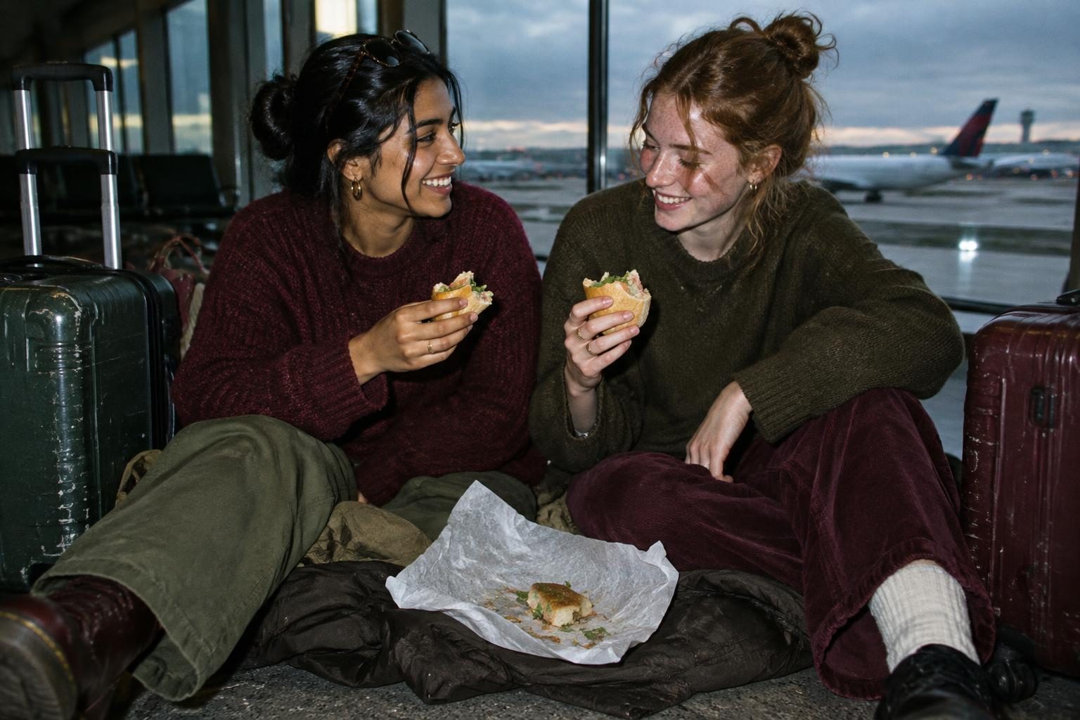 Two travellers share sandwiches beside their luggage at an airport.