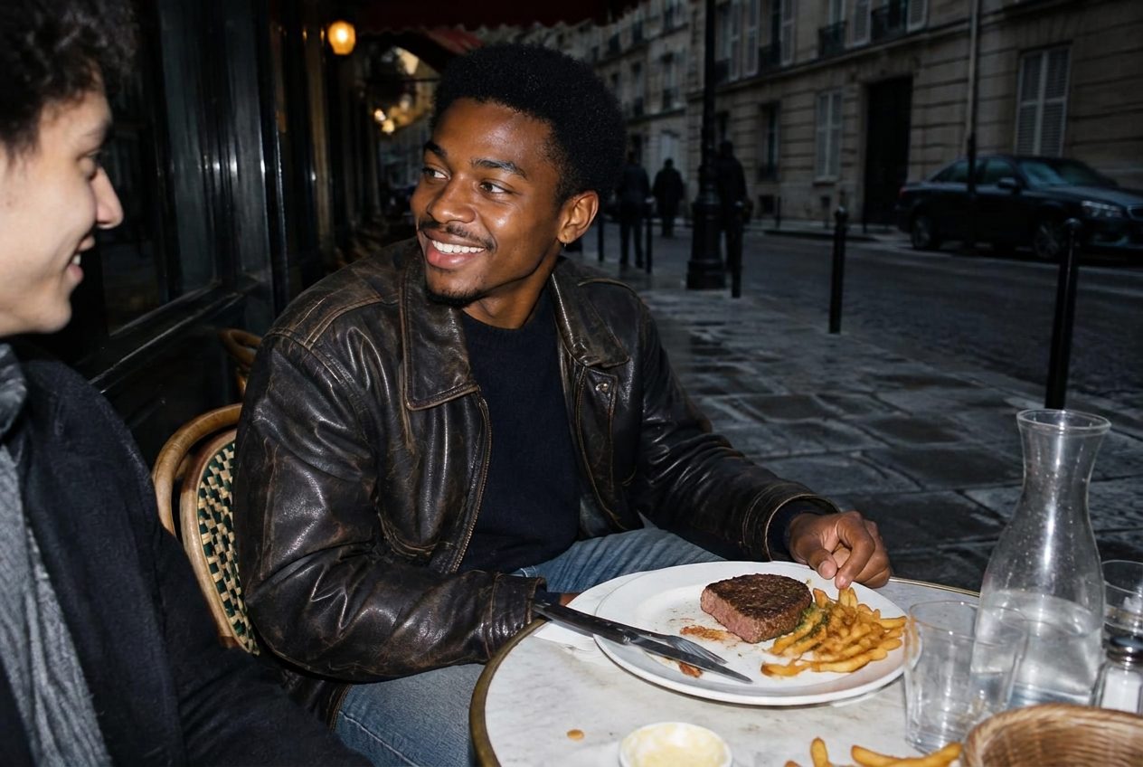A diner laughs over steak frites at a pavement bistro in Paris.