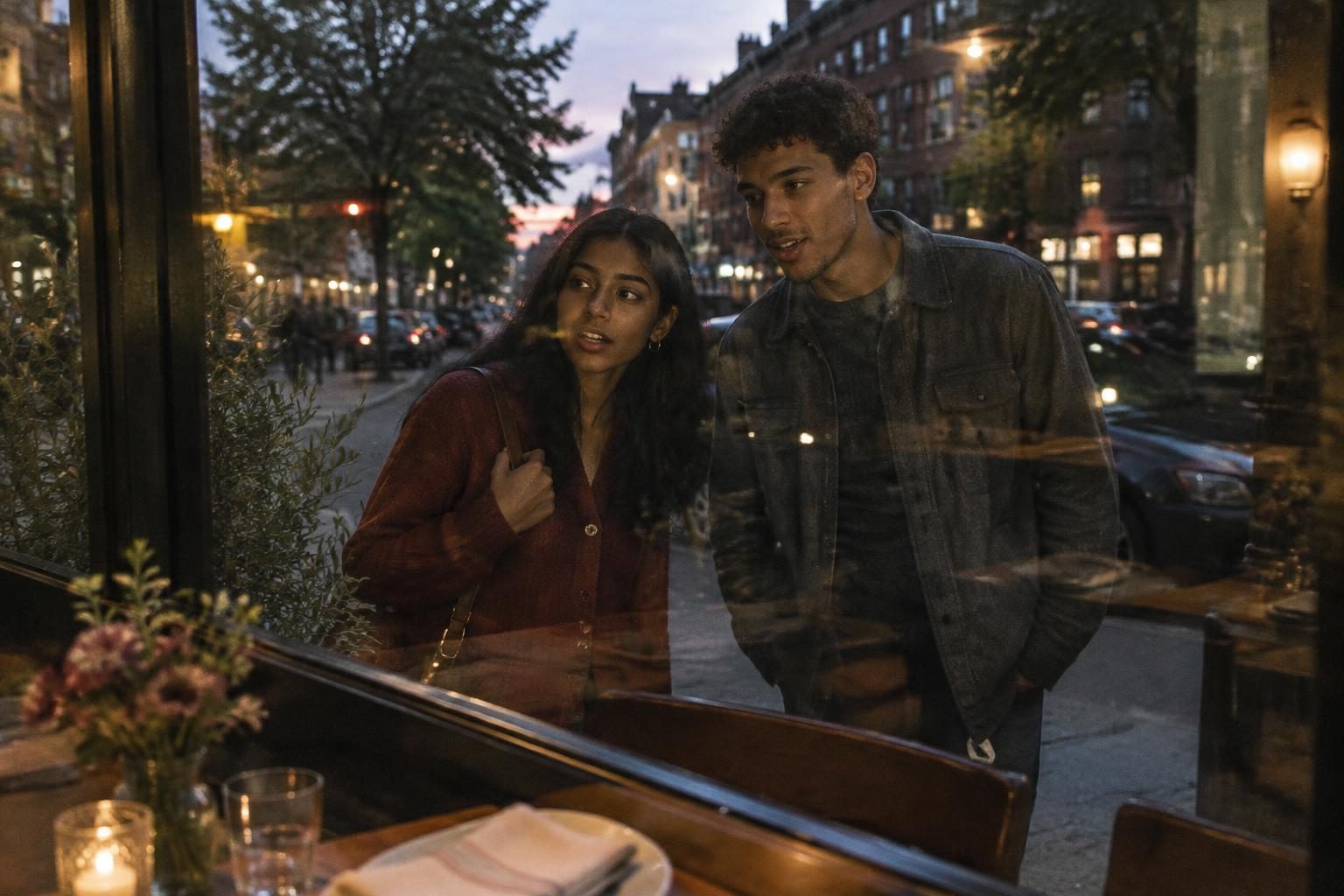 Two friends look through a neighbourhood restaurant window at dusk.
