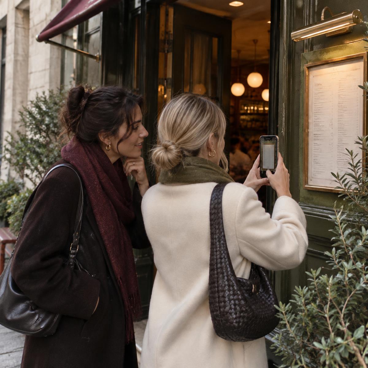 Two friends photographing a restaurant menu before deciding to go inside