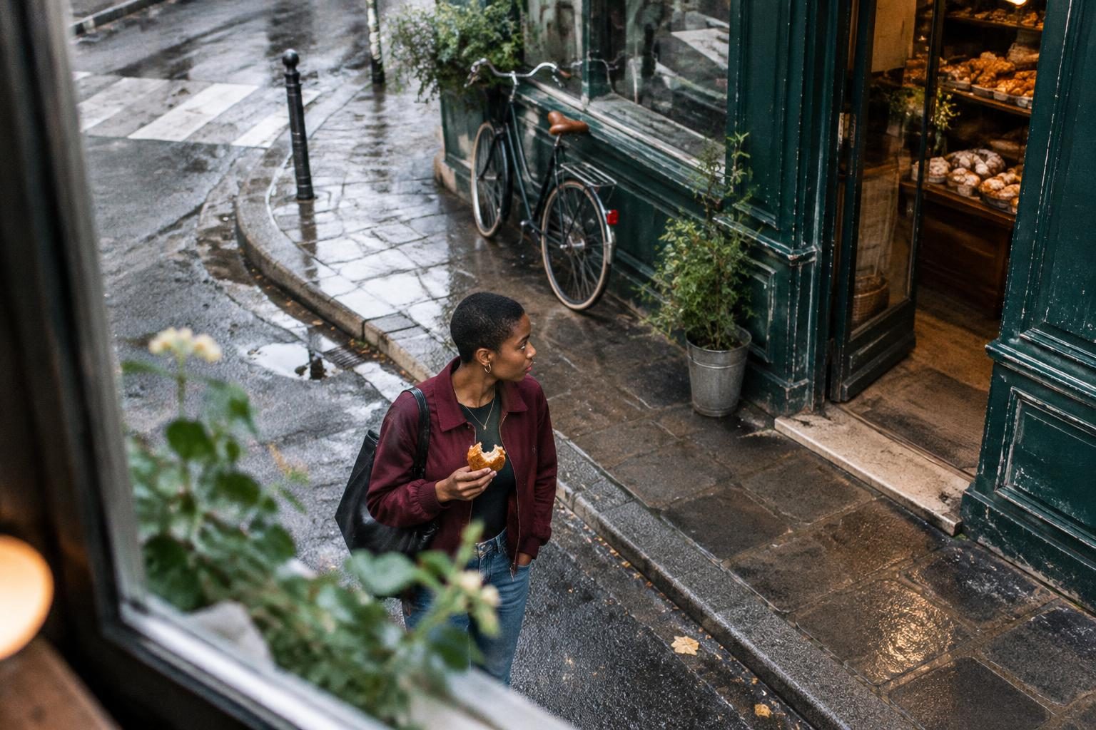 A traveller holding a pastry spots a bakery on a wet street corner.