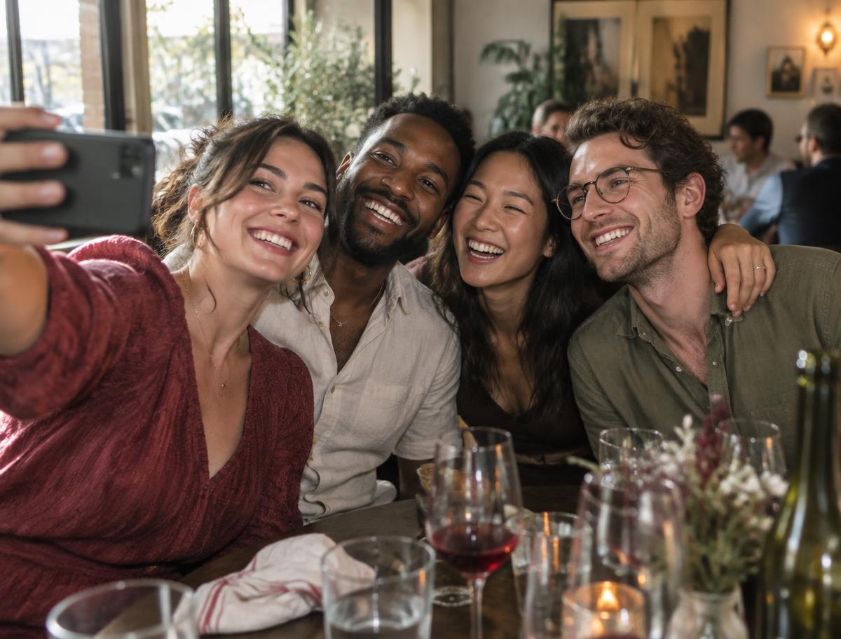 Four friends taking a photo together after a daytime meal