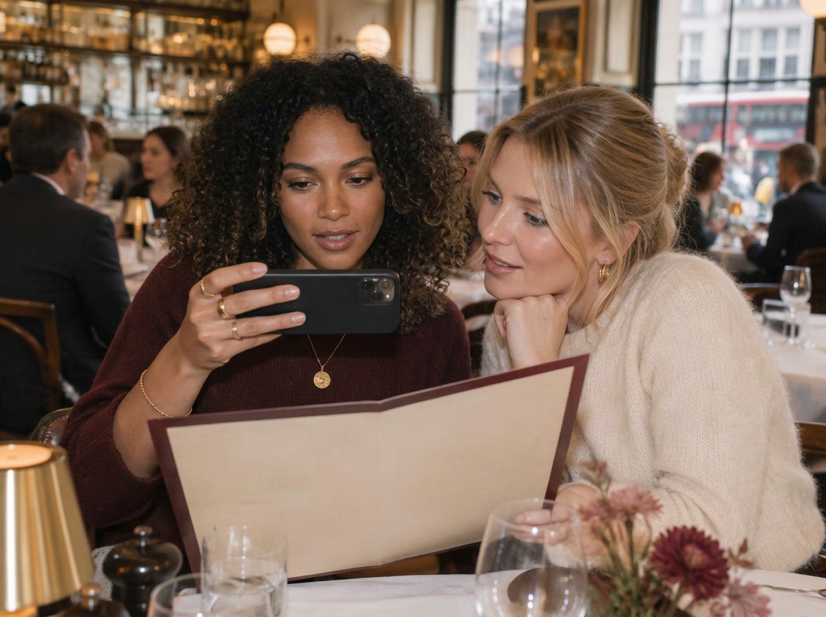 Two friends using a phone to understand a restaurant menu at lunch