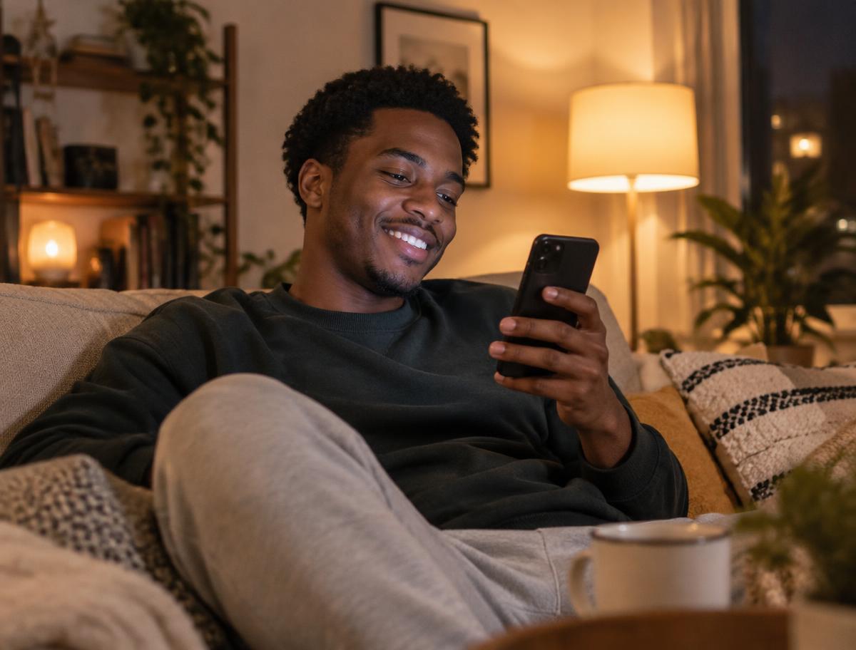 A man relaxing on his sofa at home, smiling at his phone
