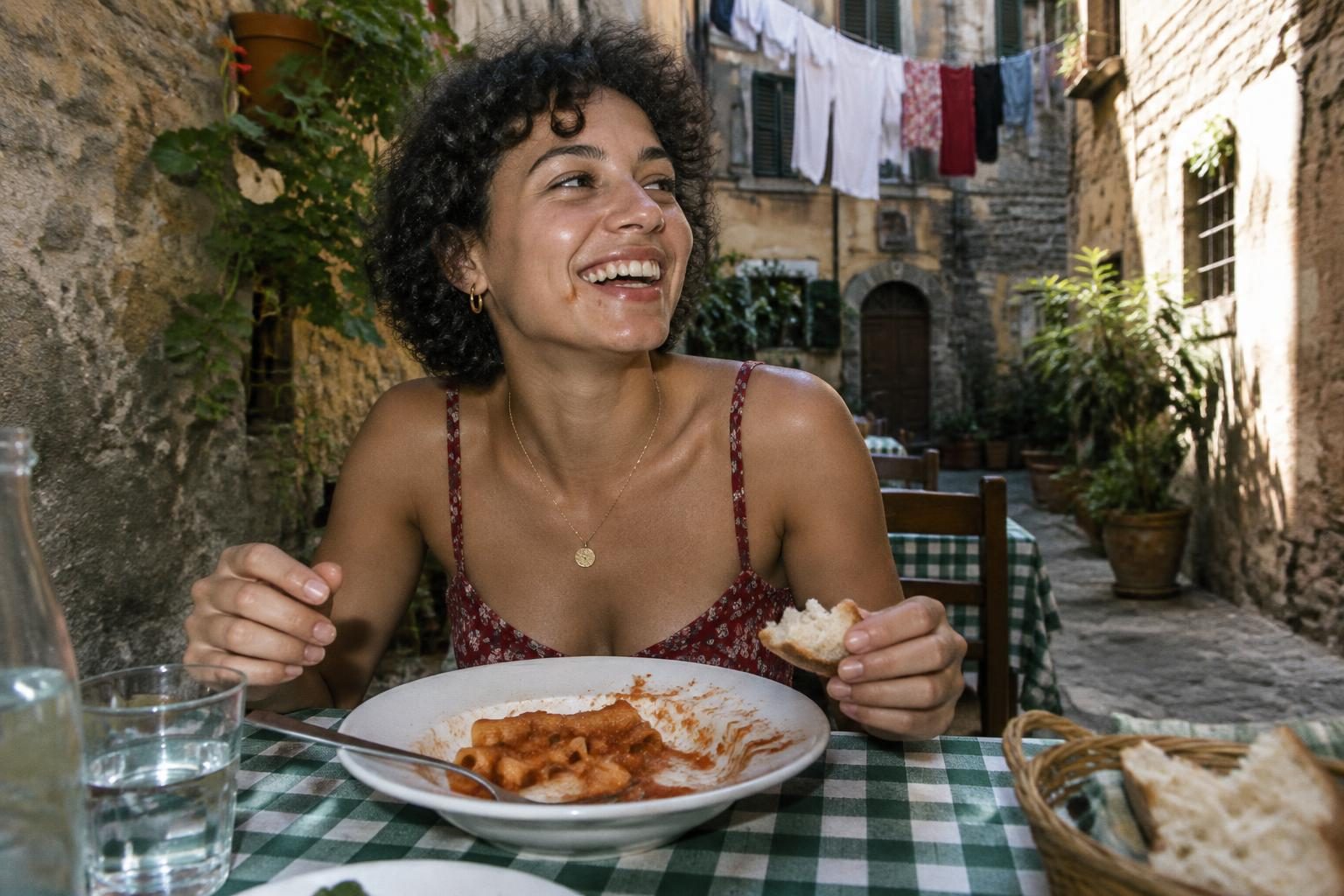 A traveller laughs over half-finished rigatoni in a Roman trattoria courtyard.