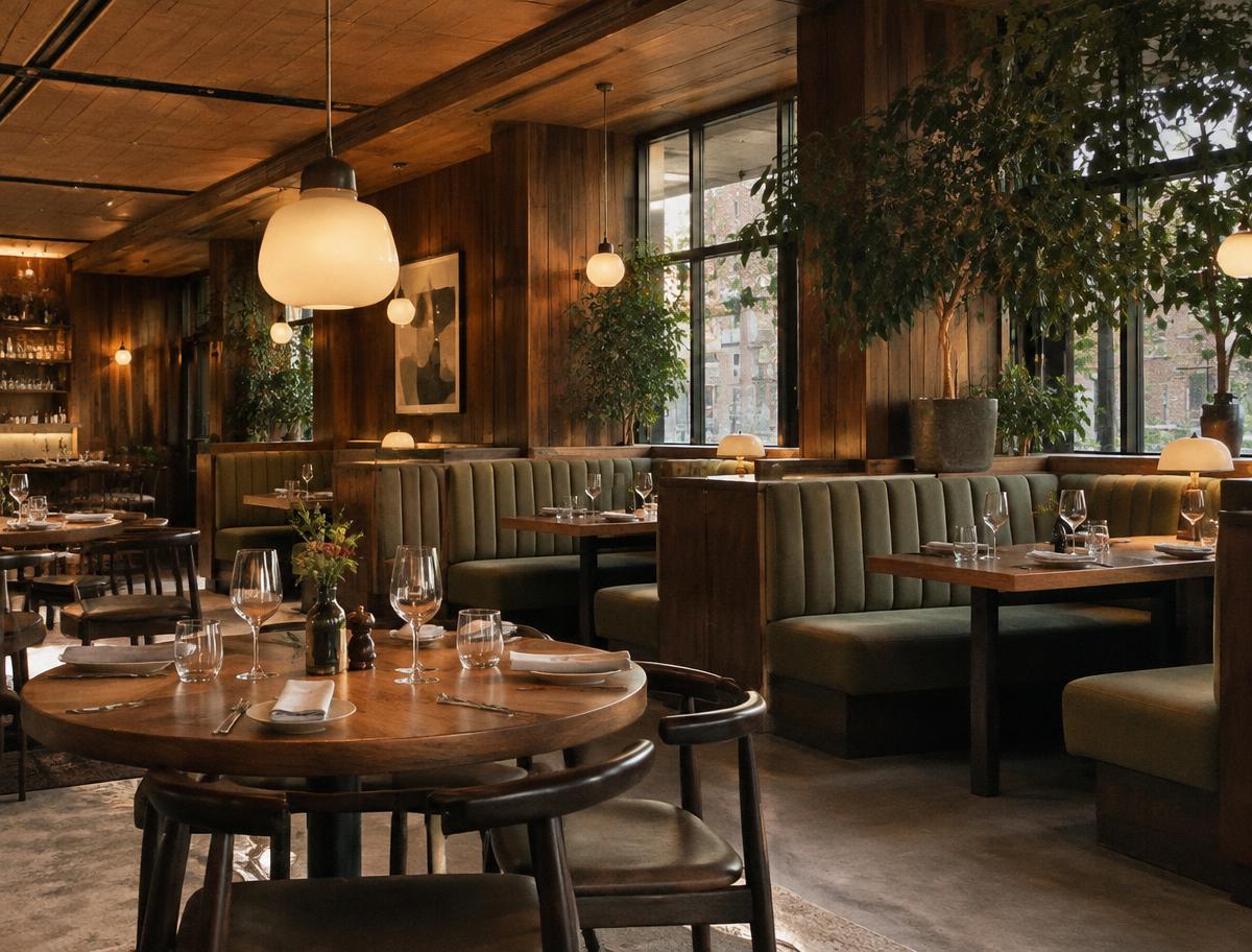 A warm restaurant dining room with wood panelling, green banquettes and pendant lights