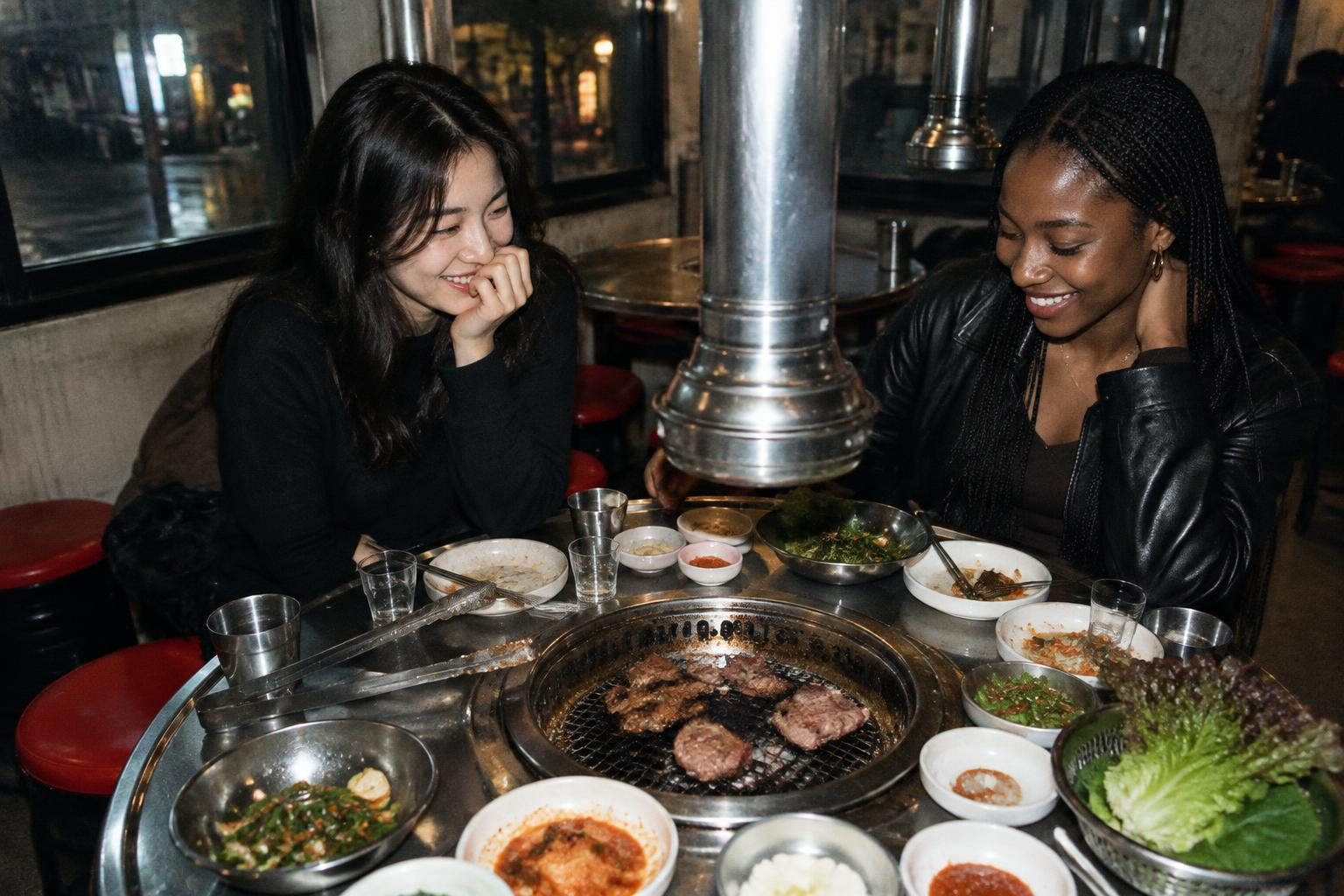 Two friends share a late-night Korean barbecue with banchan and lettuce wraps.