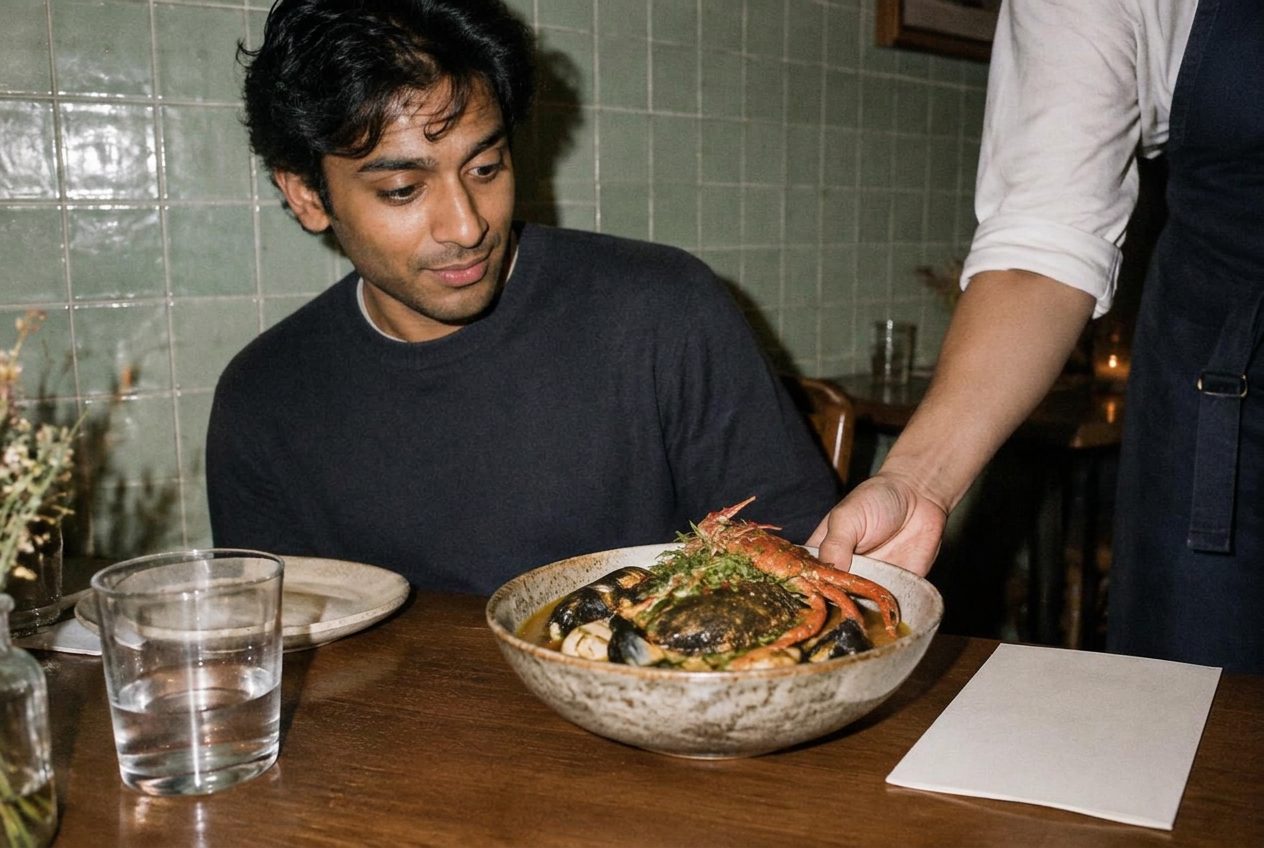 A diner reacts with curiosity as a bowl of seafood arrives at the table.