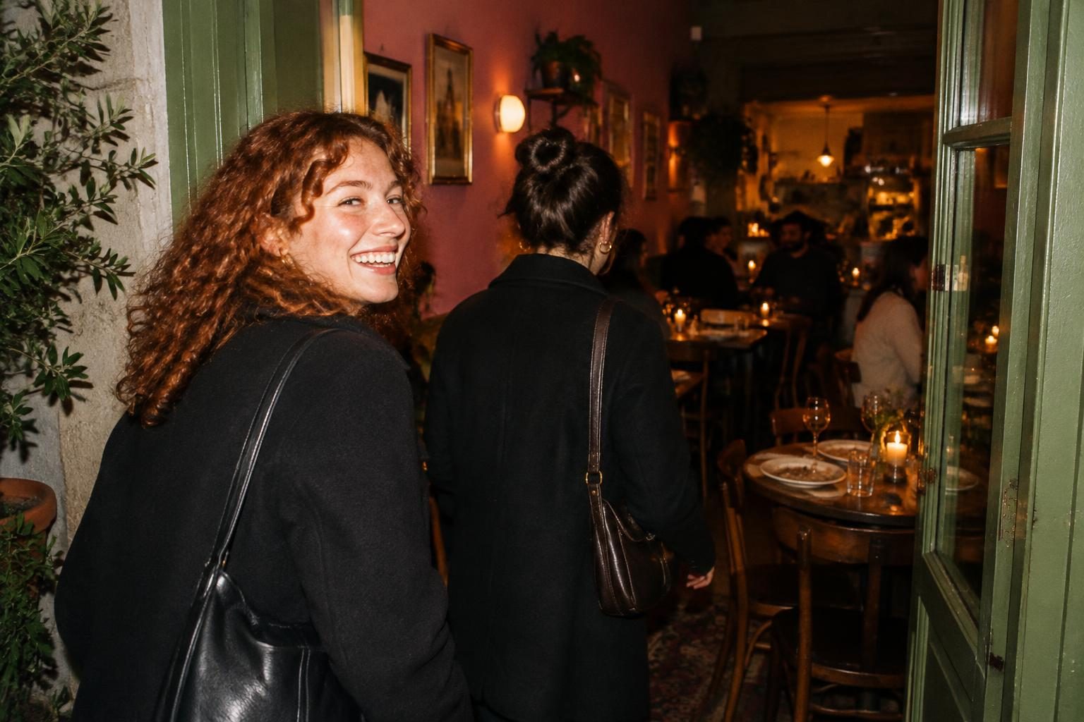 A friend glances back while stepping into a lively neighbourhood restaurant.