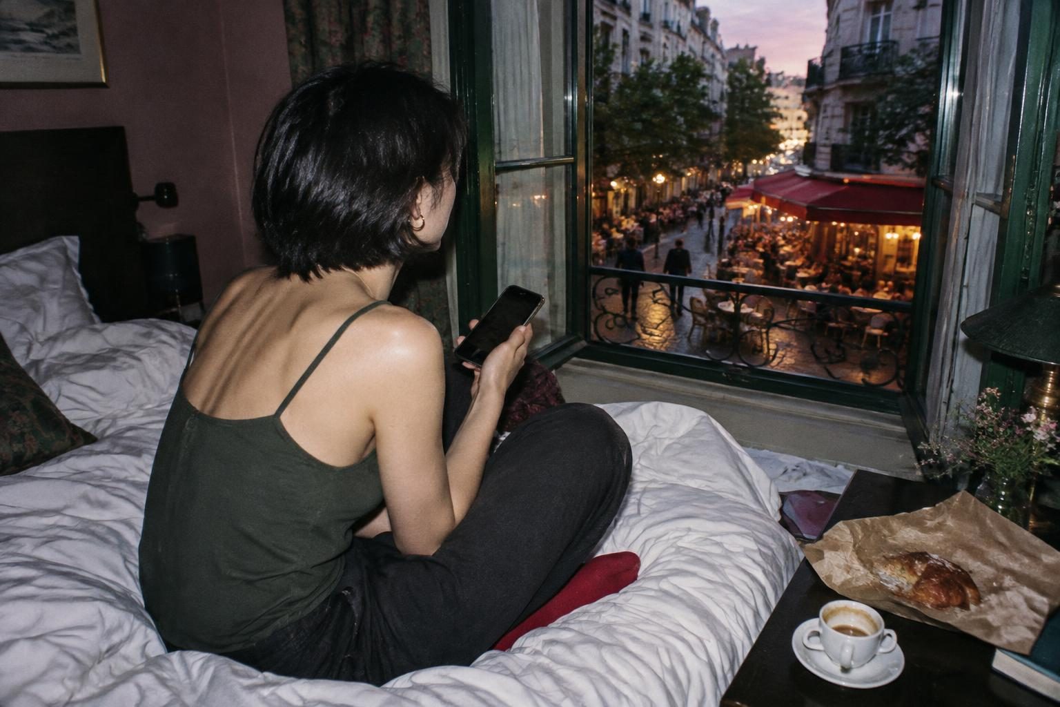 A traveller looks from her phone toward a cafe-lined street from a hotel room.