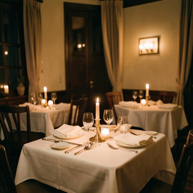 Candlelit indoor dining room with linen-topped tables