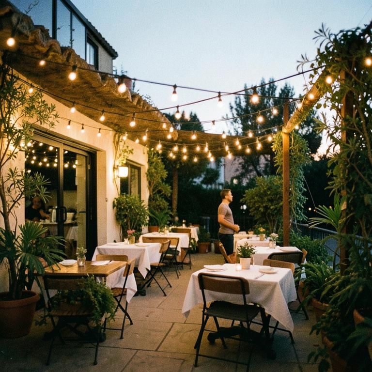 Outdoor restaurant terrace at dusk with tables under string lights