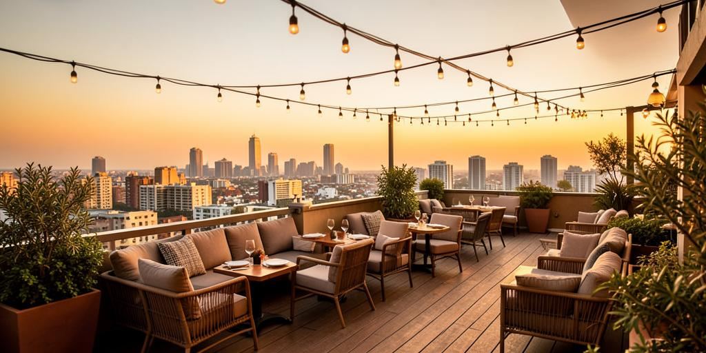 Rooftop restaurant terrace at golden hour with city skyline and string lights
