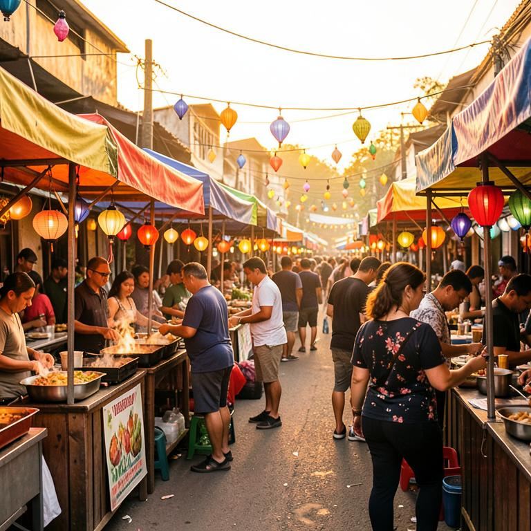 Colourful outdoor street food market stalls at golden hour
